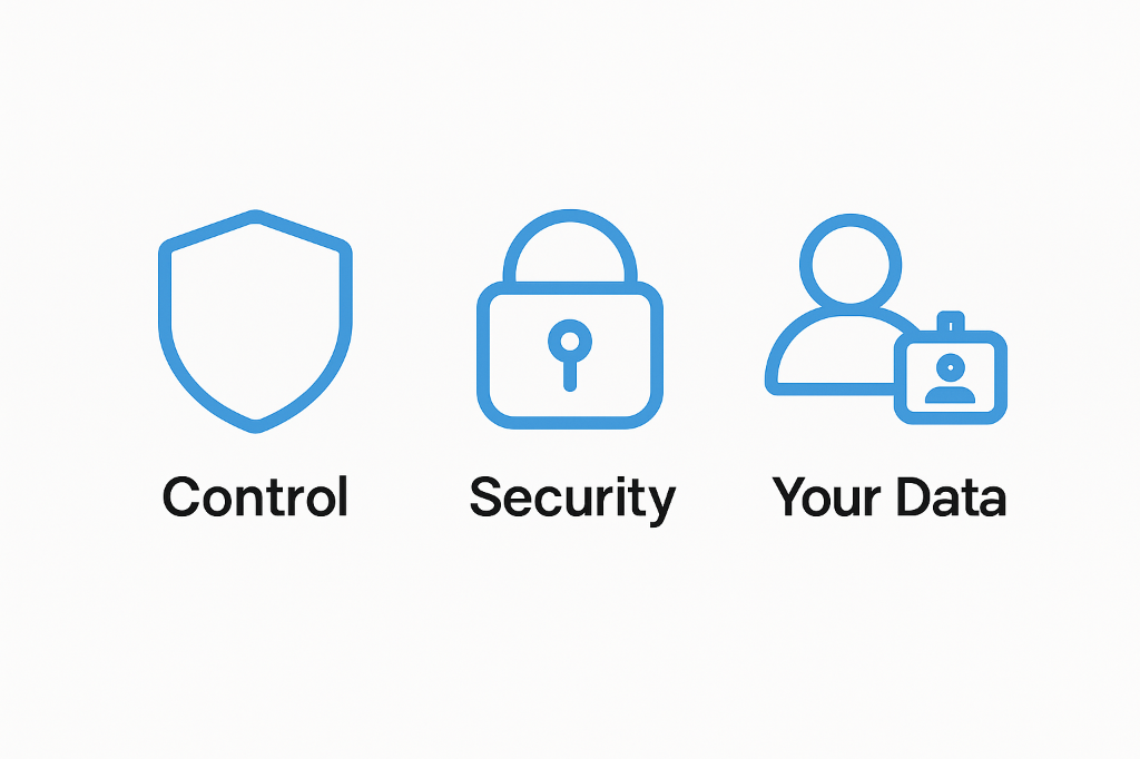 Privacy icons: Control, Security, Your Data